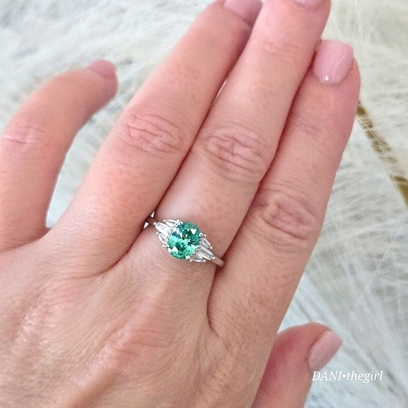 Sterling Silver White Gold Oval Mint Sapphire & Baguette CZ Diamond Side Stones - Picture 10 of 11